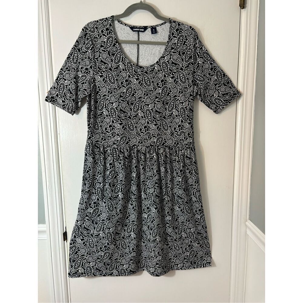 Lands’ End black & white paisley scoop neck short sleeve dress w pockets M 10-12